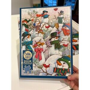 Cobble Hill "Hill of Snowmen" 500 Pc Random Jigsaw Puzzle Winter Cabin Core